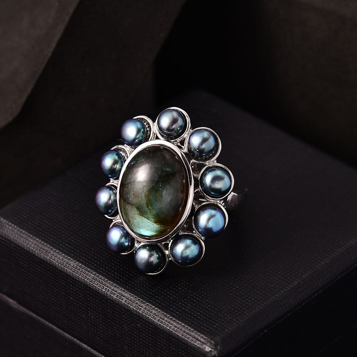 Karis Malagasy Labradorite and Peacock Pearl 10.90 ctw Ring in Platinum Bond (Size 7.0) image number 1