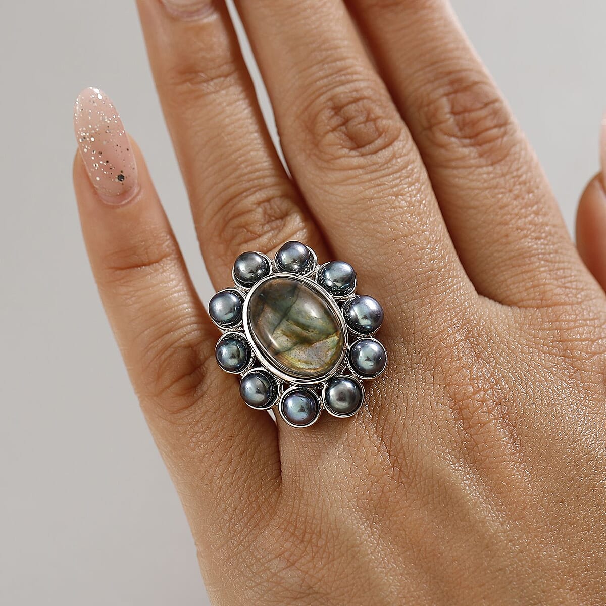Karis Malagasy Labradorite and Peacock Pearl 10.90 ctw Ring in Platinum Bond (Size 8.0) image number 2