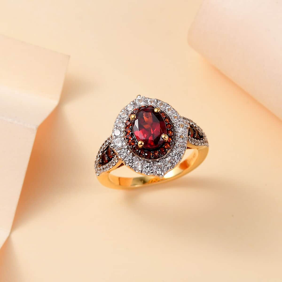 Mozambique Garnet and White Zircon 3.10 ctw Floral Radiance Ring in 18K Vermeil Yellow Gold Over Sterling Silver (Size 6.0) image number 1