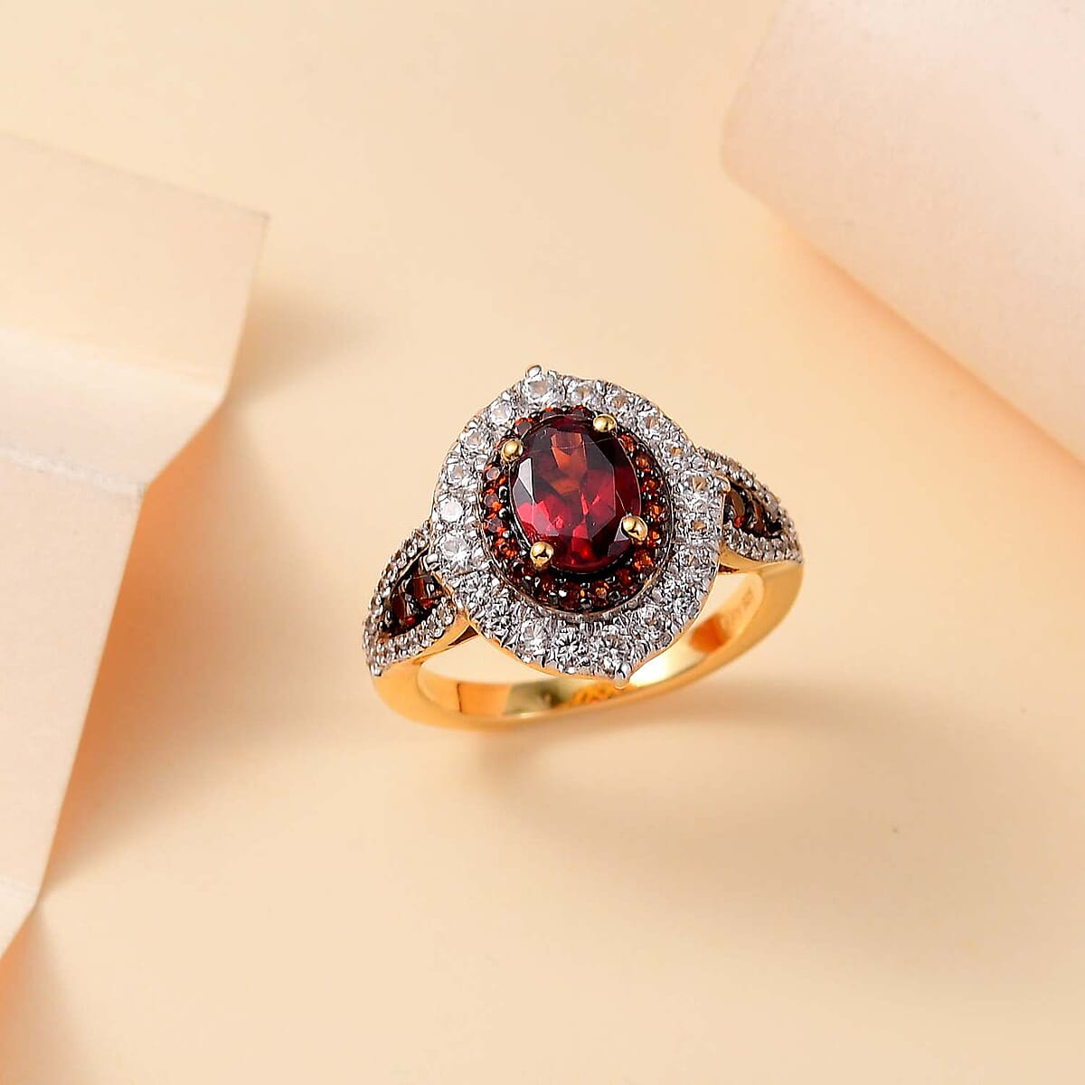 Mozambique Garnet and White Zircon 3.10 ctw Floral Radiance Ring in 18K Vermeil Yellow Gold Over Sterling Silver (Size 7.0) image number 1