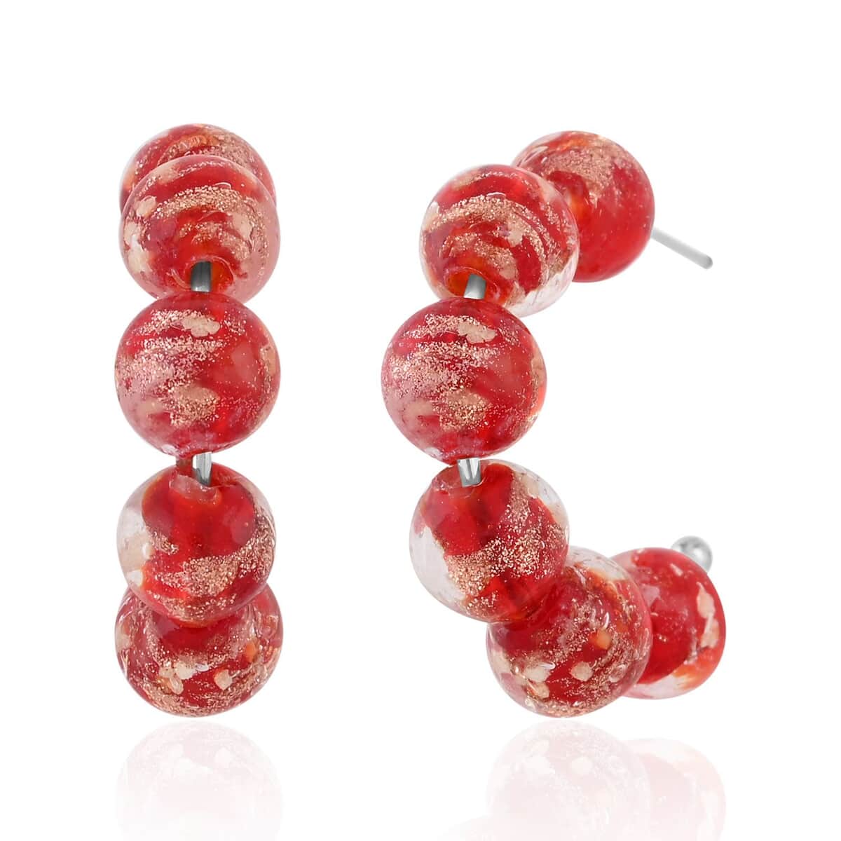 Red Color Murano Style Hoop Earrings in Silvertone image number 0