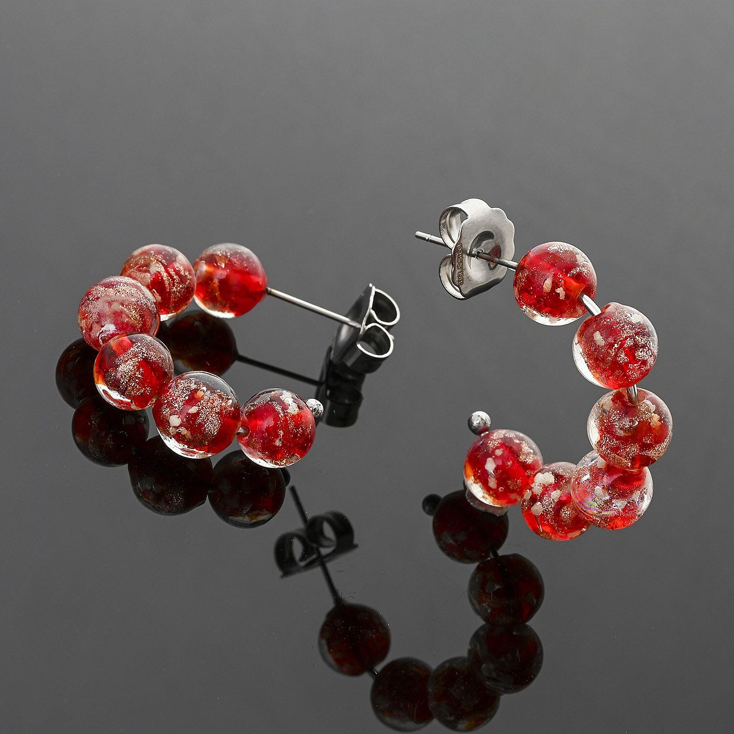 Red Color Murano Style Hoop Earrings in Silvertone
