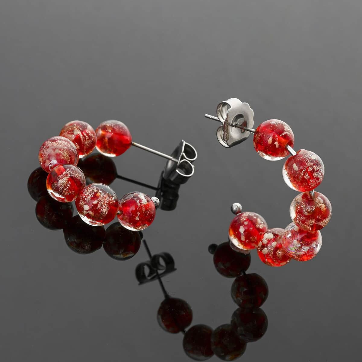 Red Color Murano Style Hoop Earrings in Silvertone image number 1