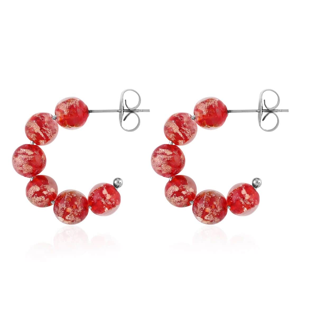 Red Color Murano Style Hoop Earrings in Silvertone image number 3