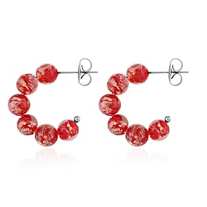 Red Color Murano Style Hoop Earrings in Silvertone
