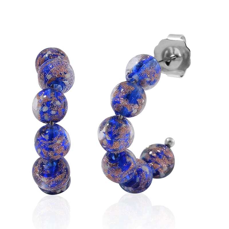 Blue Murano Style Hoop Earrings in Silvertone