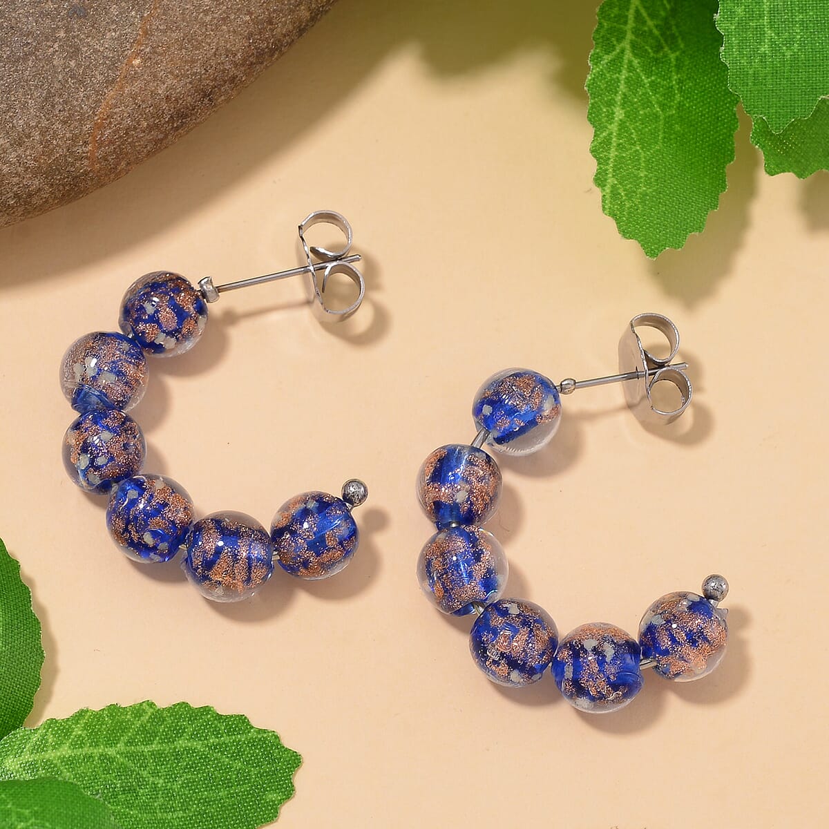 Blue Murano Style Hoop Earrings in Silvertone image number 1
