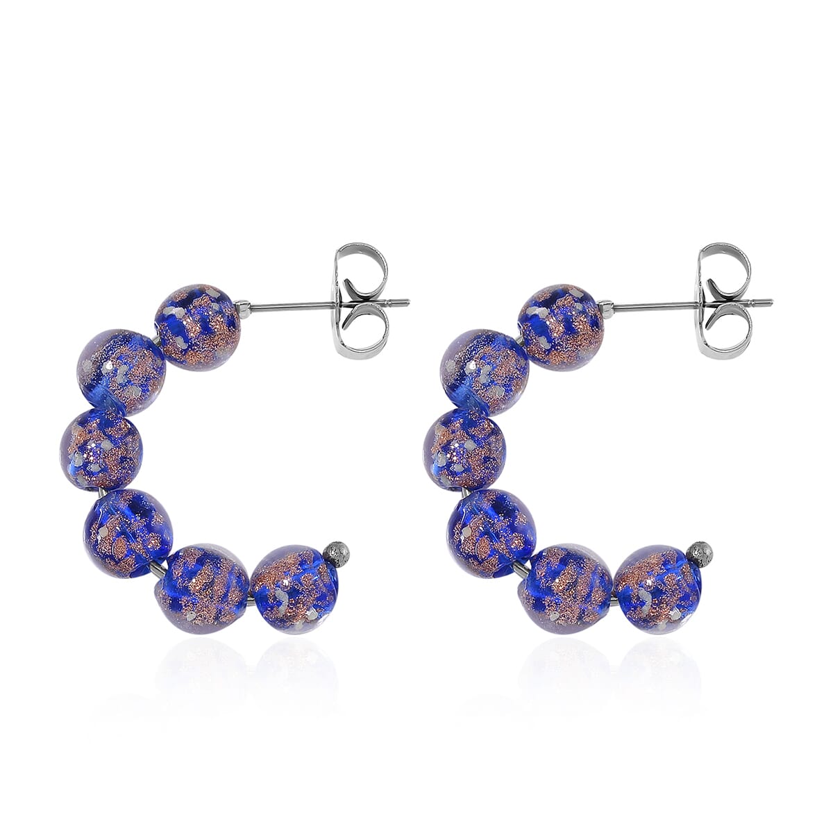 Blue Murano Style Hoop Earrings in Silvertone image number 3
