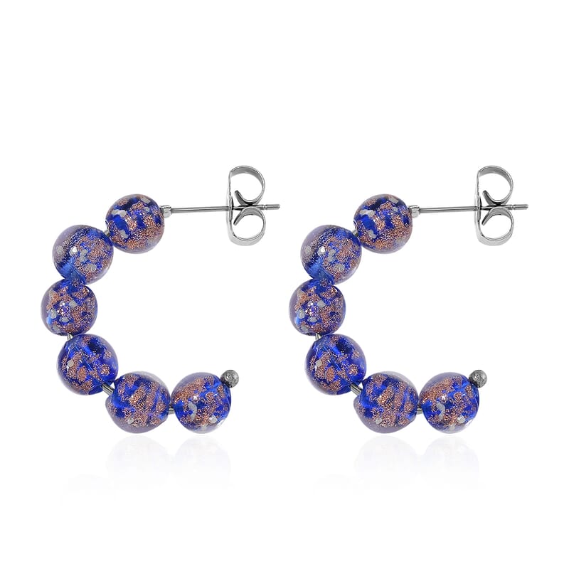Blue Murano Style Hoop Earrings in Silvertone