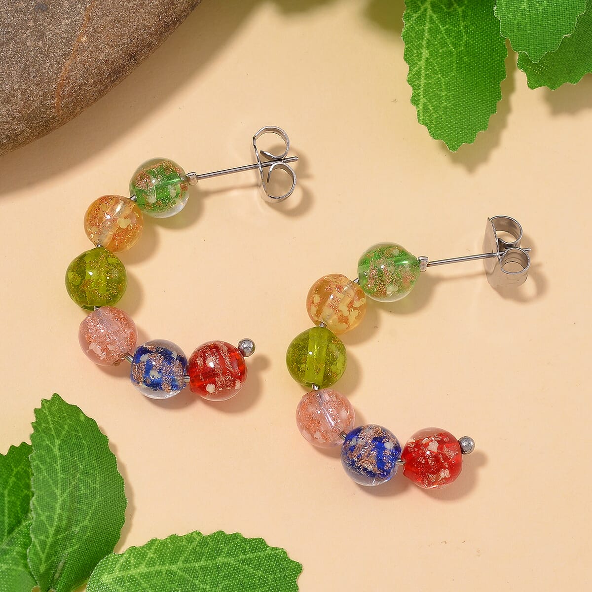 Multi Color Murano Style Hoop Earrings in Silvertone image number 1