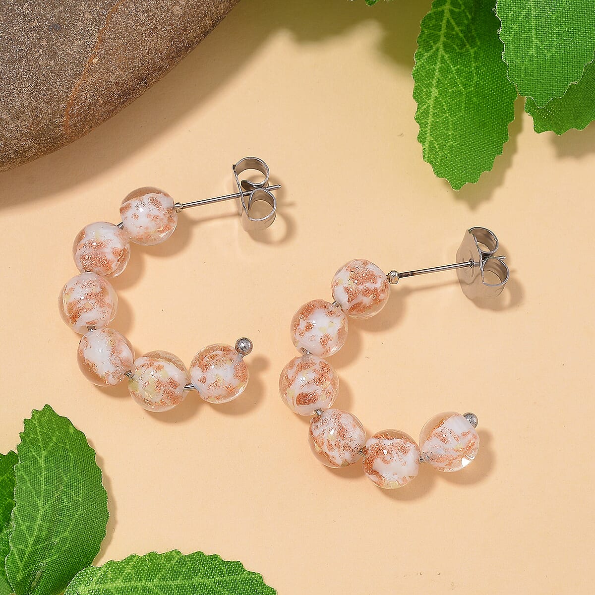 White Murano Style Hoop Earrings in Silvertone image number 1