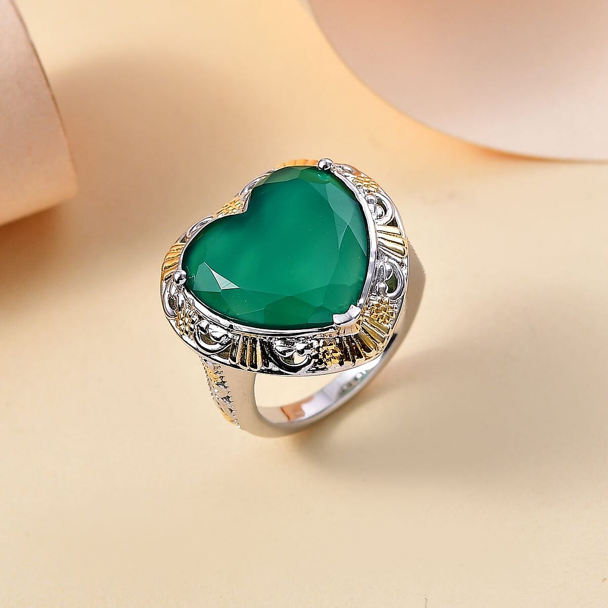 Karis Green Onyx 5.65 ctw Heart Ring in 18K YG Plated and Platinum Bond (Size 5.0)  image number 1