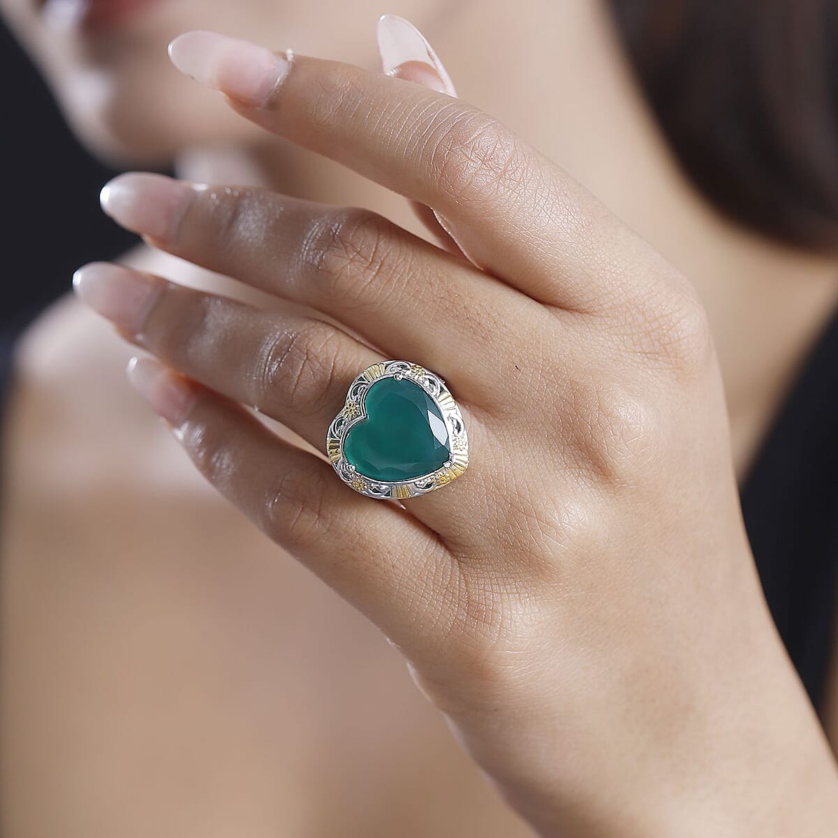Karis Green Onyx 5.65 ctw Heart Ring in 18K YG Plated and Platinum Bond (Size 5.0)  image number 2