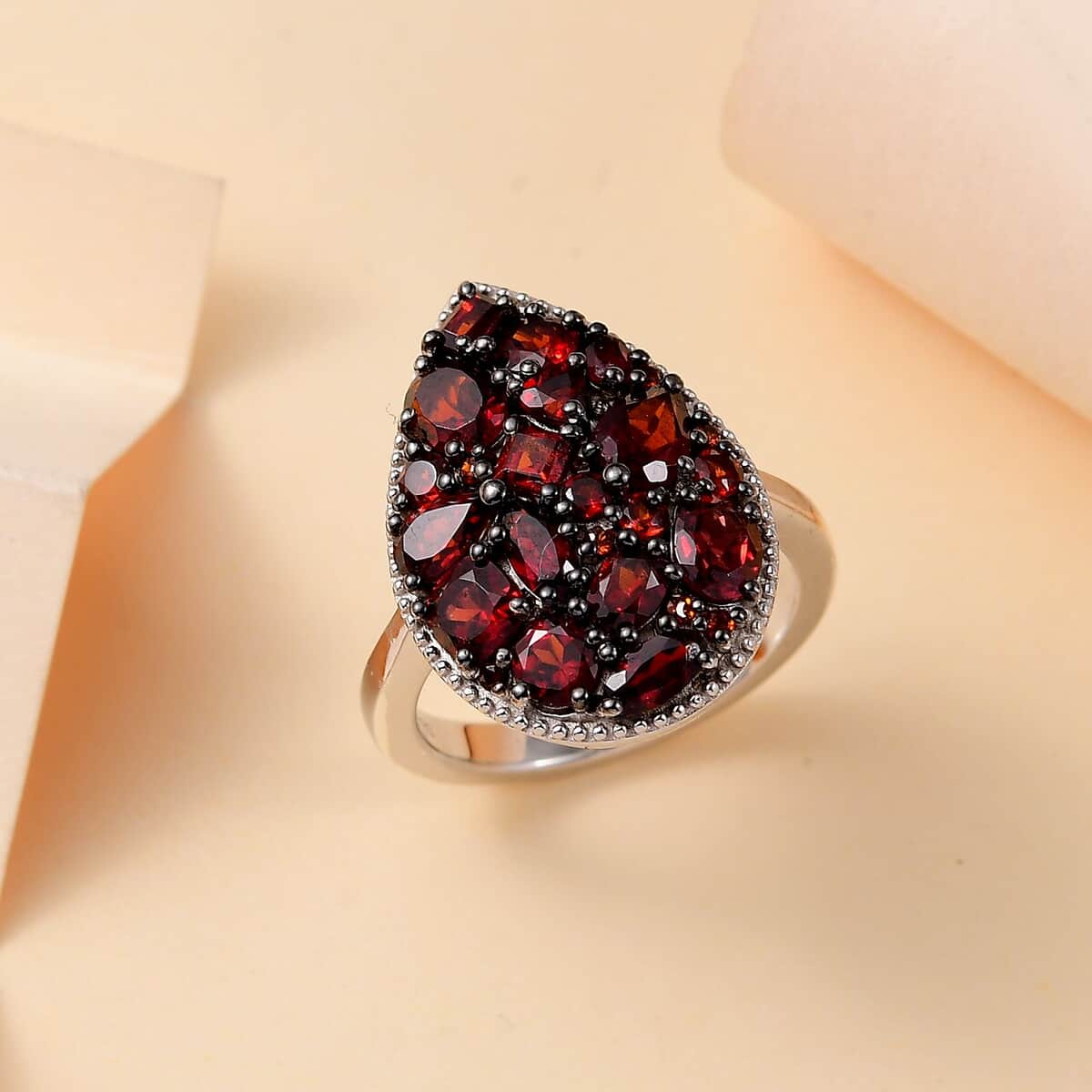 Mozambique Garnet and White Zircon 4.15 ctw Dahlia Flower Ring in Rhodium Over Sterling Silver image number 1