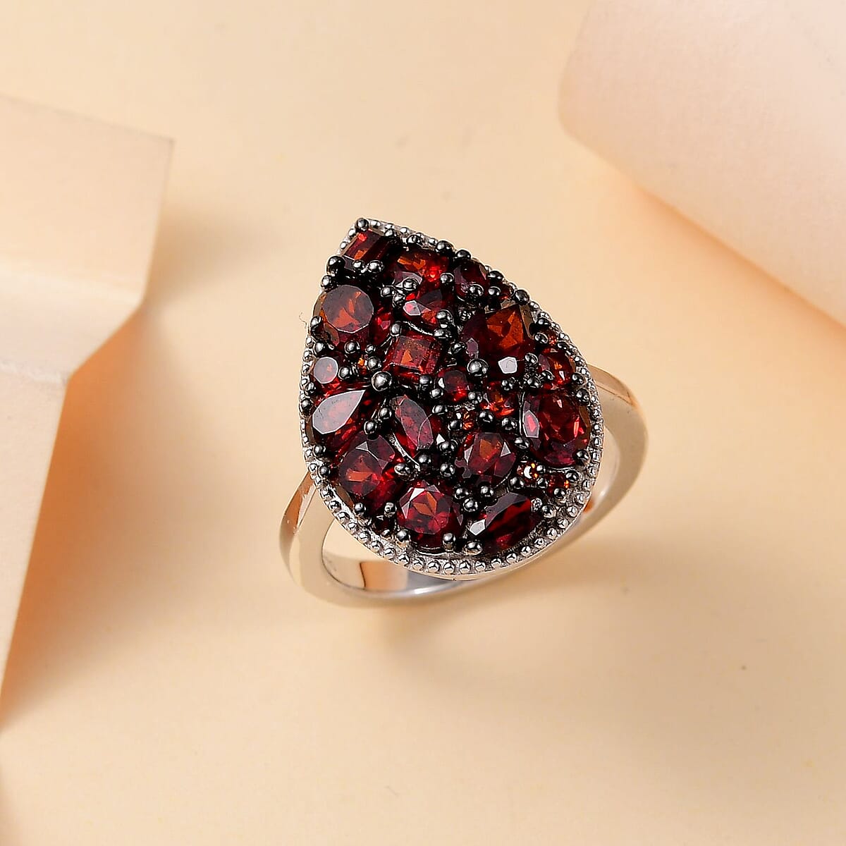Mozambique Garnet and White Zircon 4.15 ctw Dahlia Flower Ring in Rhodium Over Sterling Silver (Size 8.0) image number 1