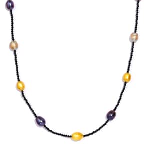 Multi Color Freshwater Pearl and Thai Black Spinel 55.00 ctw Station Necklace in Stainless Steel 20 Inches