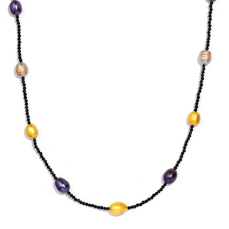 Multi Color Freshwater Pearl and Thai Black Spinel 55.00 ctw Station Necklace in Stainless Steel 20 Inches
