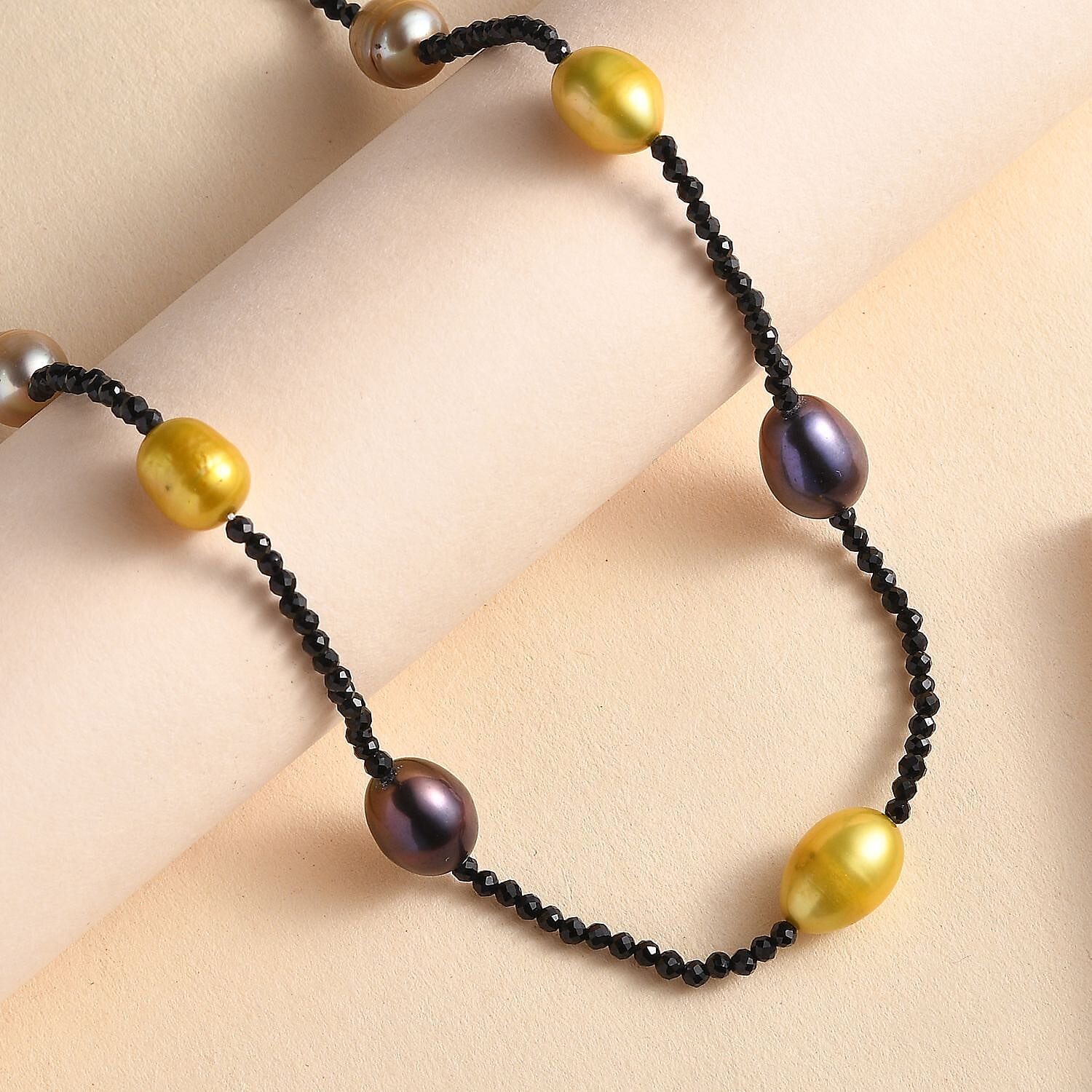 Multi Color Freshwater Pearl and Thai Black Spinel 55.00 ctw Station Necklace in Stainless Steel 20 Inches