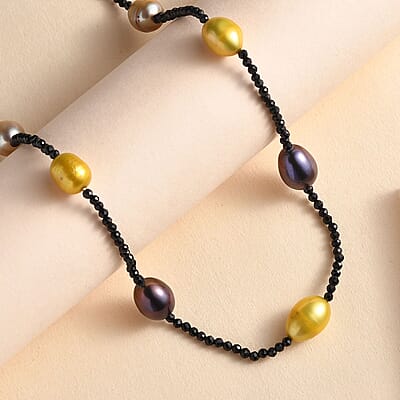 Multi Color Freshwater Pearl and Thai Black Spinel 55.00 ctw Station Necklace in Stainless Steel 20 Inches