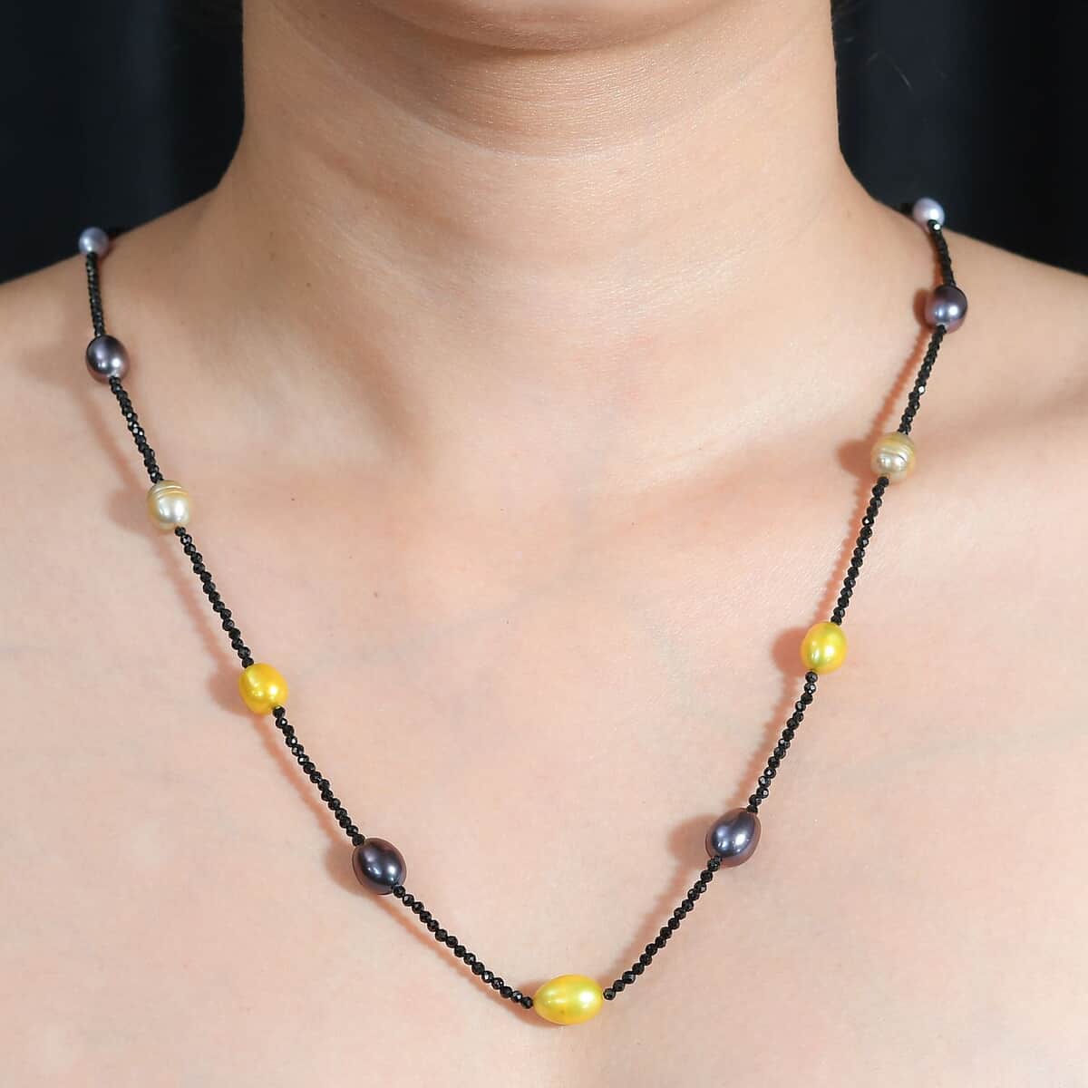 Multi Color Freshwater Pearl and Thai Black Spinel 55.00 ctw Station Necklace in Stainless Steel 20 Inches image number 2