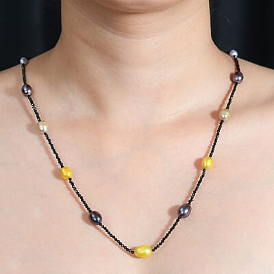 Multi Color Freshwater Pearl and Thai Black Spinel 55.00 ctw Station Necklace in Stainless Steel 20 Inches
