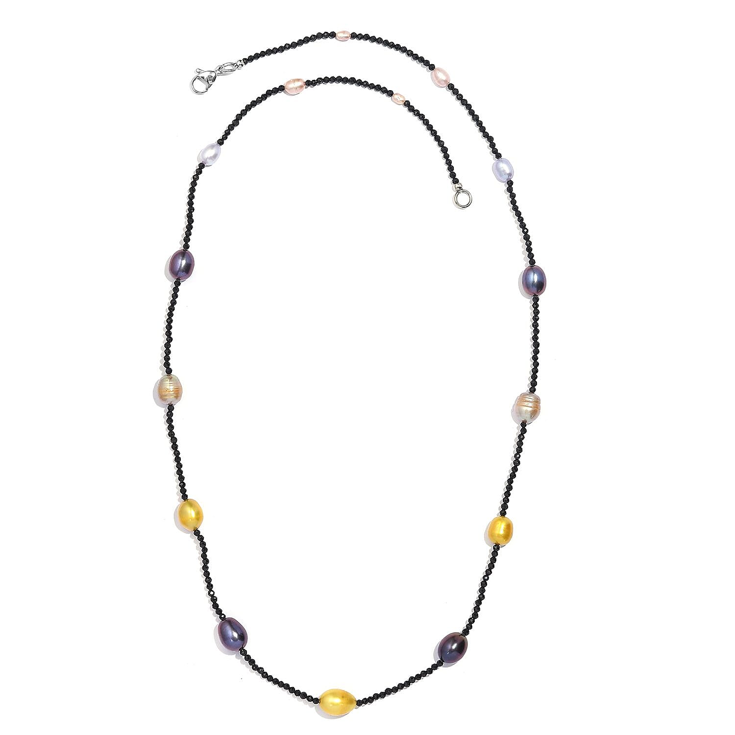Multi Color Freshwater Pearl and Thai Black Spinel 55.00 ctw Station Necklace in Stainless Steel 20 Inches