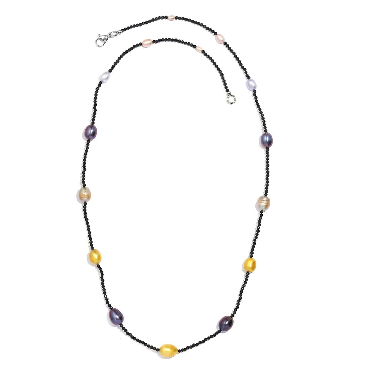 Multi Color Freshwater Pearl and Thai Black Spinel 55.00 ctw Station Necklace in Stainless Steel 20 Inches image number 3