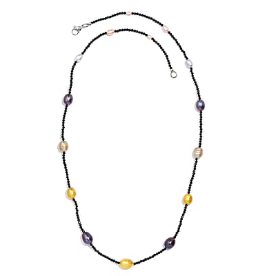 Multi Color Freshwater Pearl and Thai Black Spinel 55.00 ctw Station Necklace in Stainless Steel 20 Inches