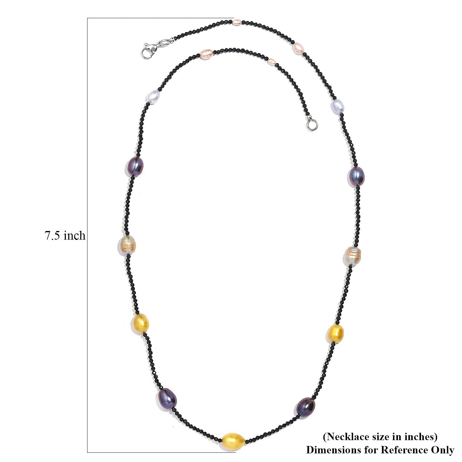 Multi Color Freshwater Pearl and Thai Black Spinel 55.00 ctw Station Necklace in Stainless Steel 20 Inches