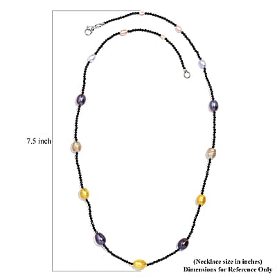 Multi Color Freshwater Pearl and Thai Black Spinel 55.00 ctw Station Necklace in Stainless Steel 20 Inches