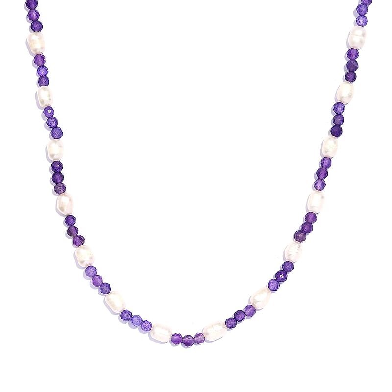 Freshwater White Pearl and African Amethyst 20.00 ctw Beaded Necklace 20 Inches in Stainless Steel
