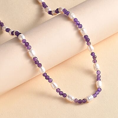 Freshwater White Pearl and African Amethyst 20.00 ctw Beaded Necklace 20 Inches in Stainless Steel