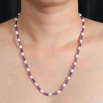 Freshwater White Pearl and African Amethyst 20.00 ctw Beaded Necklace 20 Inches in Stainless Steel