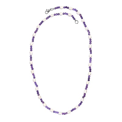 Freshwater White Pearl and African Amethyst 20.00 ctw Beaded Necklace 20 Inches in Stainless Steel