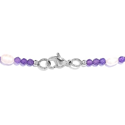 Freshwater White Pearl and African Amethyst 20.00 ctw Beaded Necklace 20 Inches in Stainless Steel