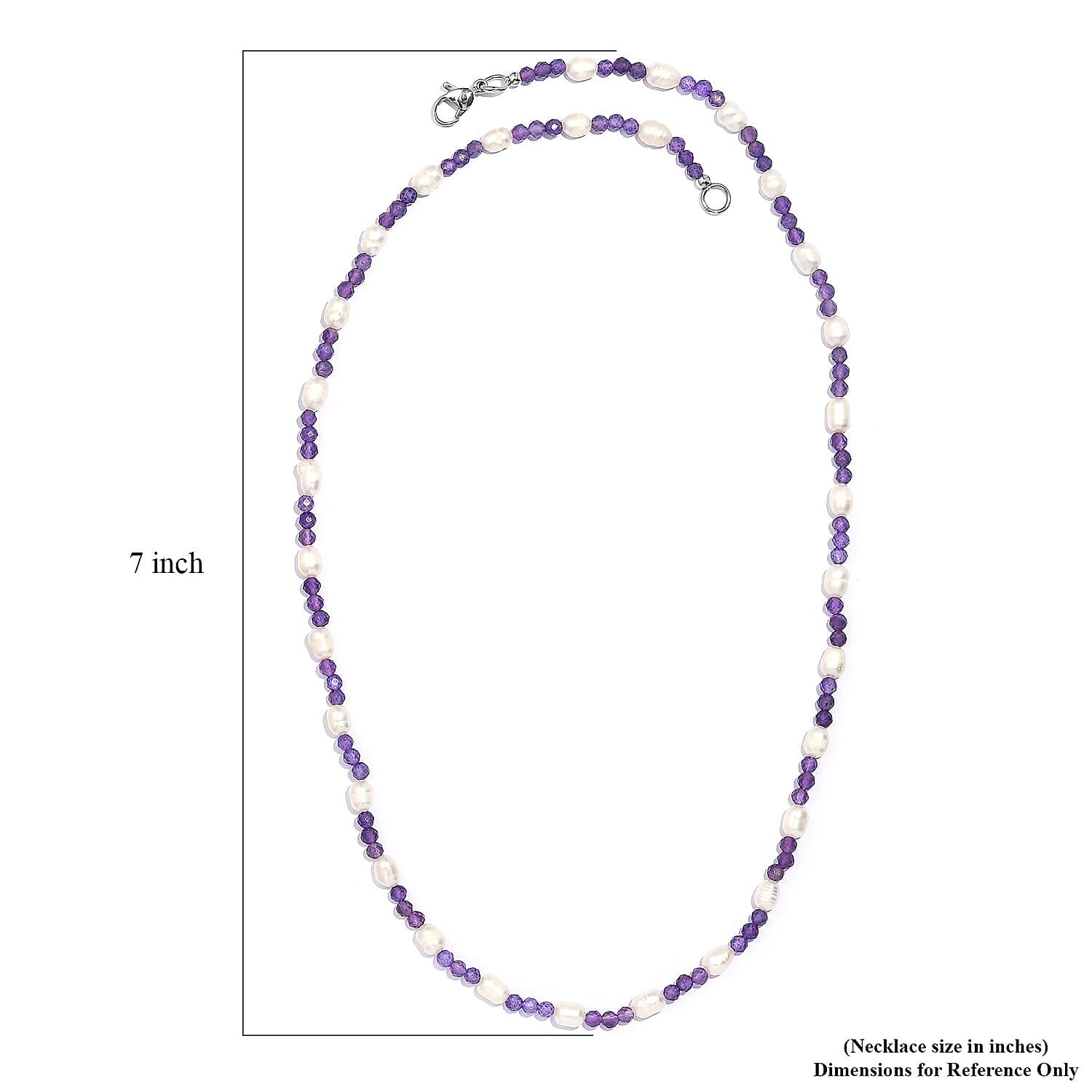 Freshwater White Pearl and African Amethyst 20.00 ctw Beaded Necklace 20 Inches in Stainless Steel