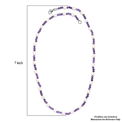 Freshwater White Pearl and African Amethyst 20.00 ctw Beaded Necklace 20 Inches in Stainless Steel