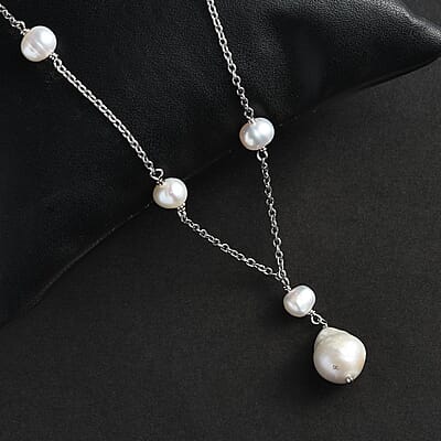Organic Shape Baroque Pearl and White Freshwater Pearl Necklace 20 Inches in Stainless Steel
