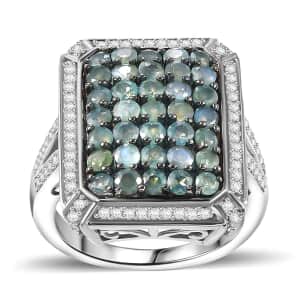 Narsipatnam Alexandrite and White Zircon 2.40 ctw Rectangular Pave Ring in Rhodium Over Sterling Silver (Size 10.0)