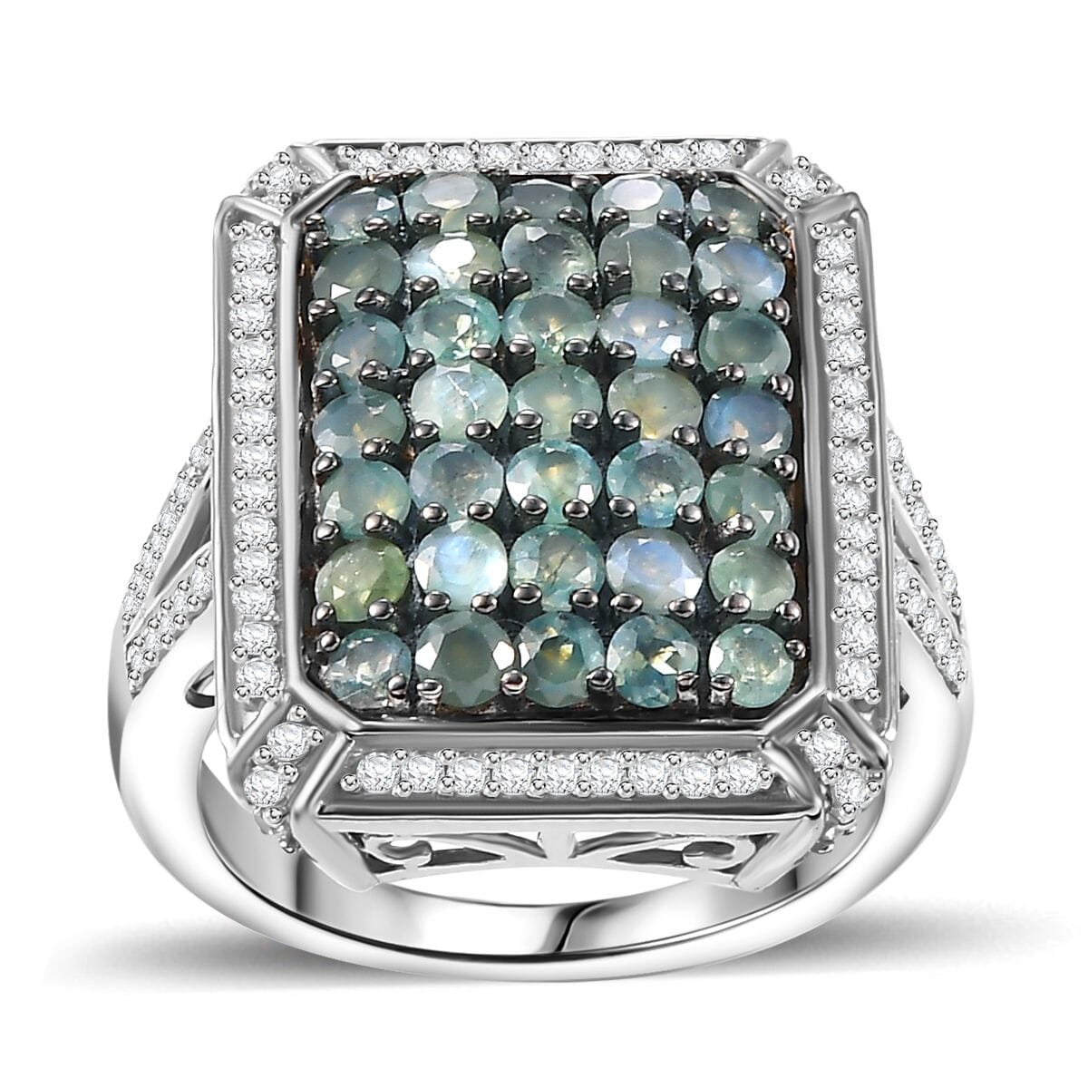 Narsipatnam Alexandrite and White Zircon 2.40 ctw Rectangular Pave Ring in Rhodium Over Sterling Silver (Size 9.0) image number 0