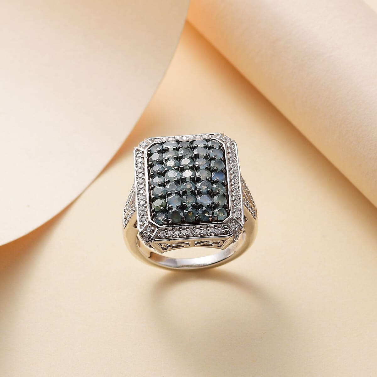 Narsipatnam Alexandrite and White Zircon 2.40 ctw Rectangular Pave Ring in Rhodium Over Sterling Silver (Size 9.0) image number 1