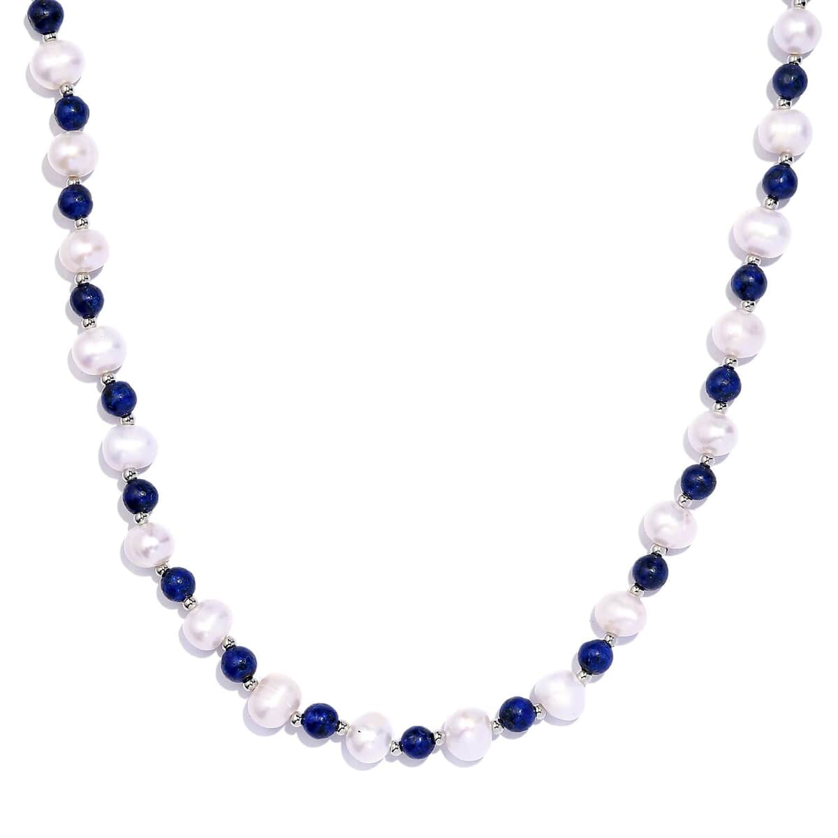 White Freshwater Pearl and Lapis Lazuli Beaded 21.00 ctw Necklace 18 Inches in Rhodium Over Stainless Steel image number 0