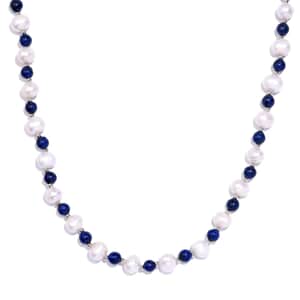 White Freshwater Pearl and Lapis Lazuli Beaded 21.00 ctw Necklace 18 Inches in Rhodium Over Stainless Steel