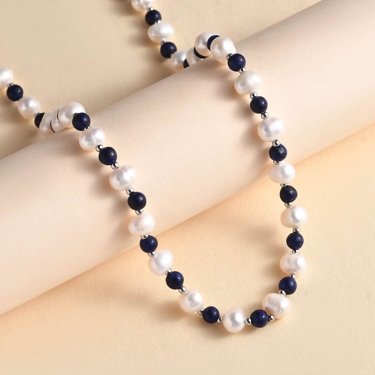 White Freshwater Pearl and Lapis Lazuli Beaded 21.00 ctw Necklace 18 Inches in Rhodium Over Stainless Steel image number 1