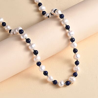White Freshwater Pearl and Lapis Lazuli Beaded 21.00 ctw Necklace 18 Inches in Rhodium Over Stainless Steel