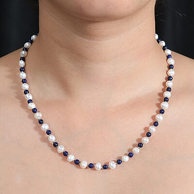 White Freshwater Pearl and Lapis Lazuli Beaded 21.00 ctw Necklace 18 Inches in Rhodium Over Stainless Steel