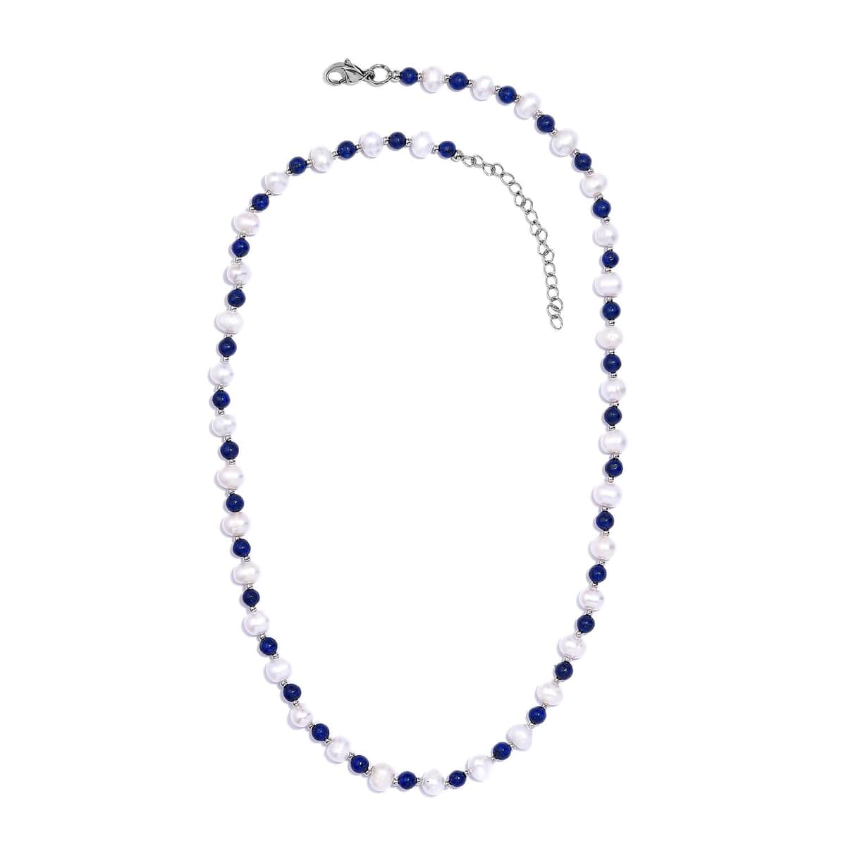 White Freshwater Pearl and Lapis Lazuli Beaded 21.00 ctw Necklace 18 Inches in Rhodium Over Stainless Steel image number 3