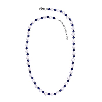 White Freshwater Pearl and Lapis Lazuli Beaded 21.00 ctw Necklace 18 Inches in Rhodium Over Stainless Steel