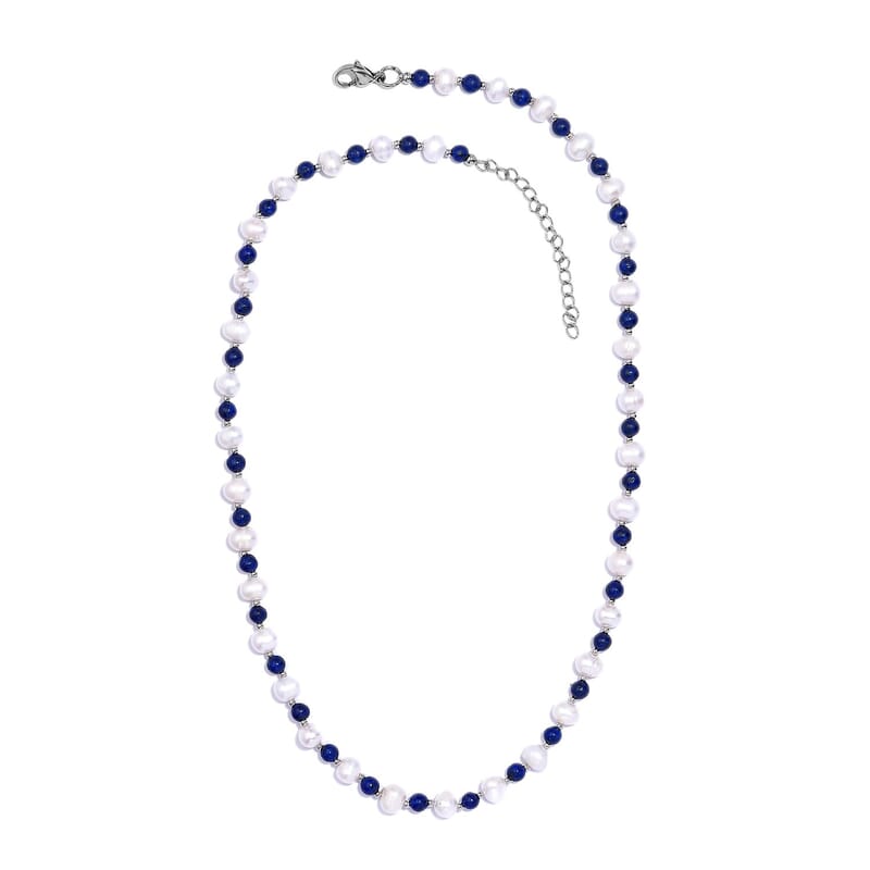 White Freshwater Pearl and Lapis Lazuli Beaded 21.00 ctw Necklace 18 Inches in Rhodium Over Stainless Steel