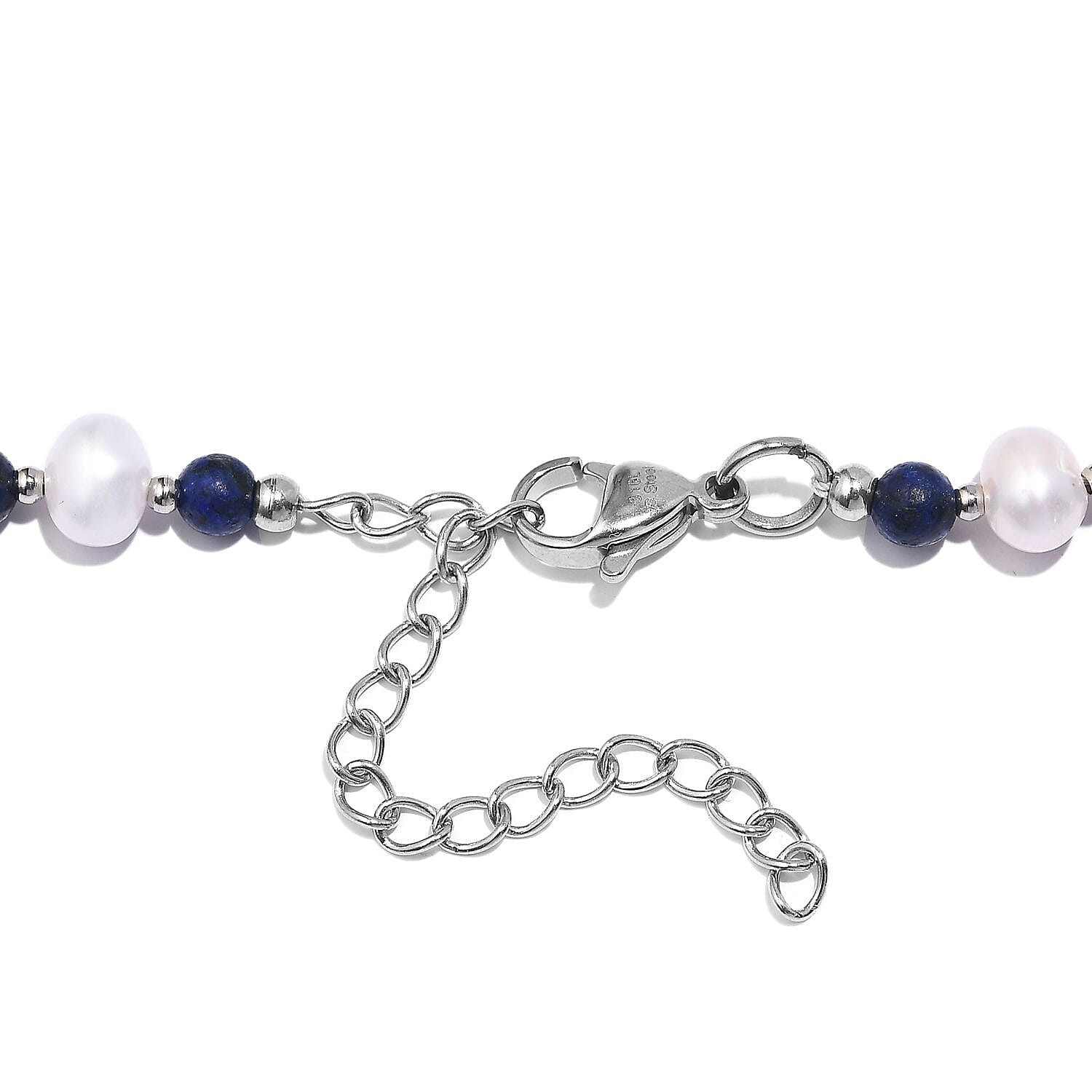 White Freshwater Pearl and Lapis Lazuli Beaded 21.00 ctw Necklace 18 Inches in Rhodium Over Stainless Steel